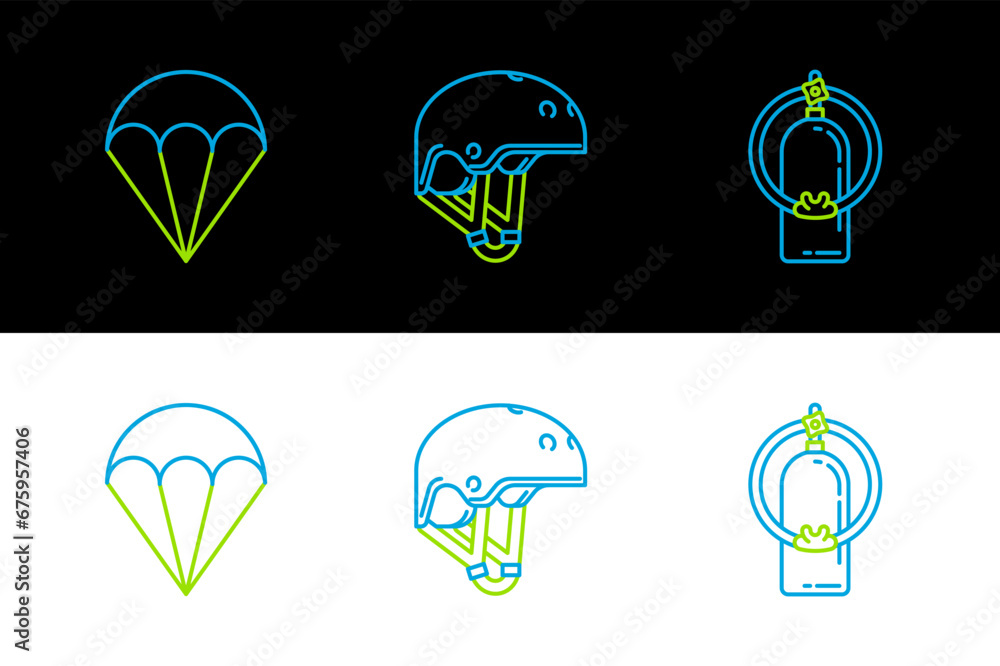 Set line Aqualung, Parachute and Helmet icon. Vector