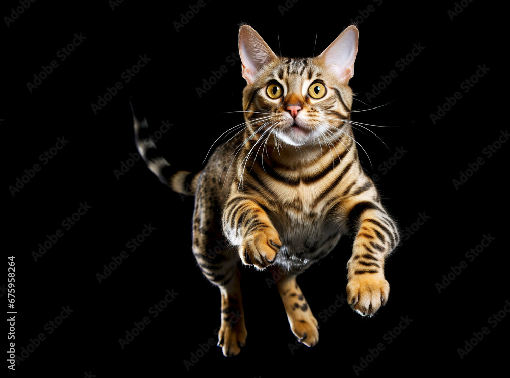 Cute bengal cat jumping on a black background.