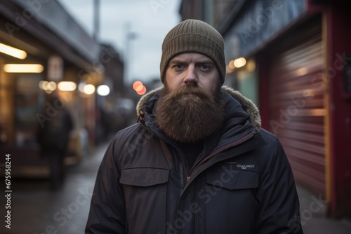 young handsome bearded hipster man with long beard and moustache in urban setting
