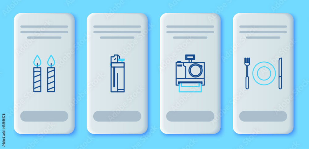 Set line Lighter, Photo camera, Birthday cake candles and Plate, fork knife icon. Vector