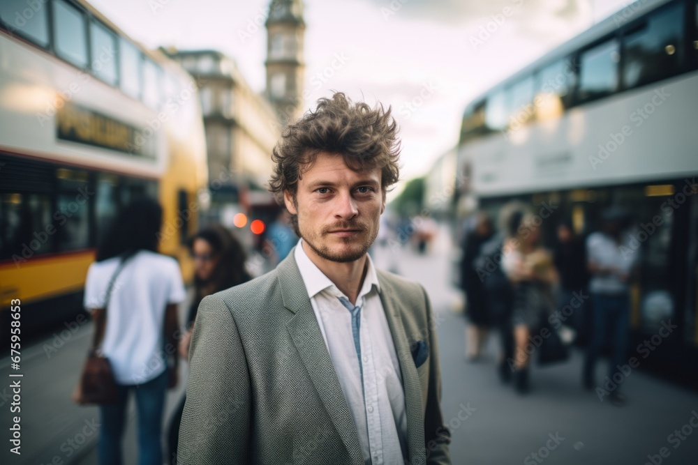 young handsome hipster man with curly hair in the city streets of London young handsome hipster man with curly hair in the city streets of London