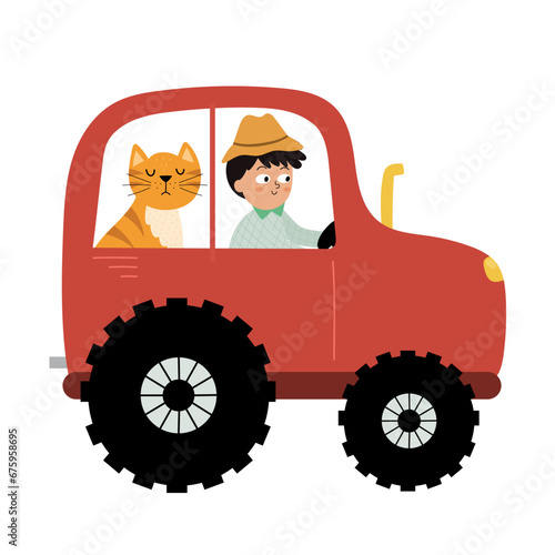 Boy farmer and cat driving on the tractor. Agriculture transport isolated on white background. Vector illustration