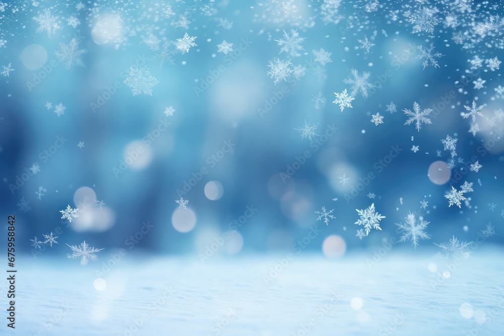 Beautiful white decorative snowflakes on a festive blue bokeh background with copy space