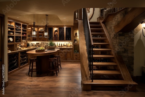 create a room with a staircase leading to a wine testin photo