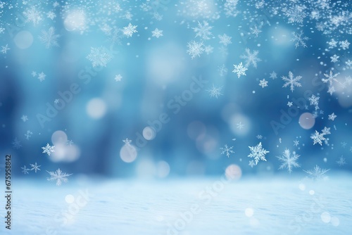 Beautiful white decorative snowflakes on a festive blue bokeh background with copy space