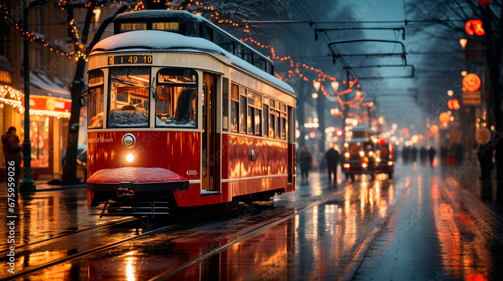 custom made wallpaper toronto digitalDowntown Christmas Magic: A Bustling City Street with Adorned Shops, Festive Windows, and Gleaming Christmas Streetcar. Generative AI.