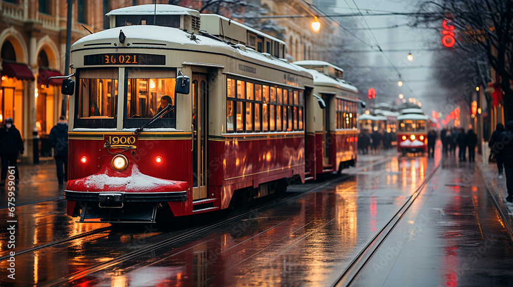Holiday Shopping Delight: Bustling City Street with Adorned Storefronts and Christmas-Decorated Streetcar. Generative AI. Holiday Shopping Delight: Bustling City Street with Adorned Storefronts and Christmas-Decorated Streetcar. Generative AI.