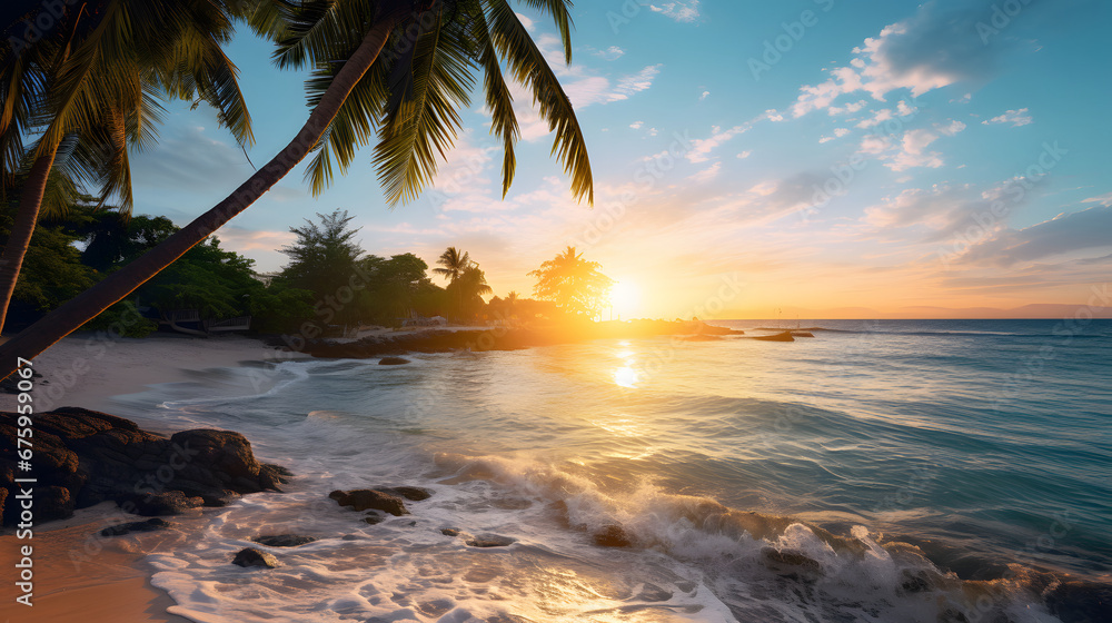 Beautiful tropical island with palm trees and a beach. Created with Generative AI technology