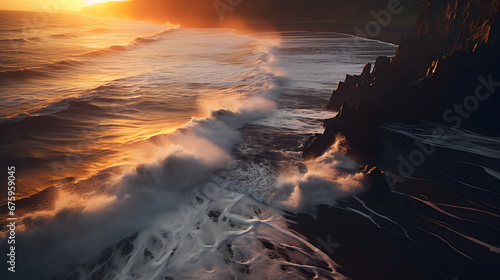 a sunset over the ocean with waves crashing on the shore. Generative AI technology 
