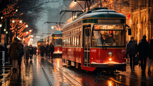 Festive Cityscape Extravaganza: Explore a Vibrant Street with Decorated Store Windows and Christmas-Lit Streetcar. Generative AI.