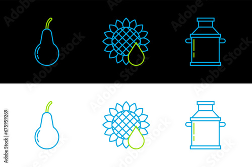 Set line Can container for milk, Pear and Sunflower icon. Vector