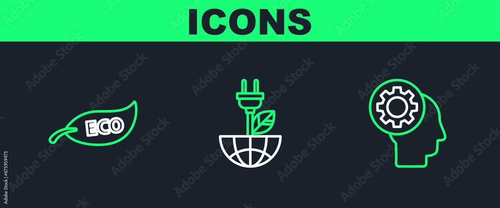 Set line Human head with gear inside, Leaf Eco symbol and Electric saving plug leaf icon. Vector Set line Human head with gear inside, Leaf Eco symbol and Electric saving plug leaf icon. Vector