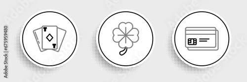Set line Credit card, Playing with diamonds and Four leaf clover icon. Vector