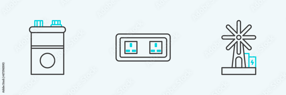 Set line Wind turbine, Car battery and Electrical outlet icon. Vector Set line Wind turbine, Car battery and Electrical outlet icon. Vector