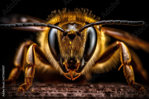 Close up macro shot of a bee, wasp, black background, Generative Ai (ID: 675960007)