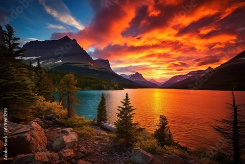 Majestic sunset in Glacier National Park  Montana  USA.