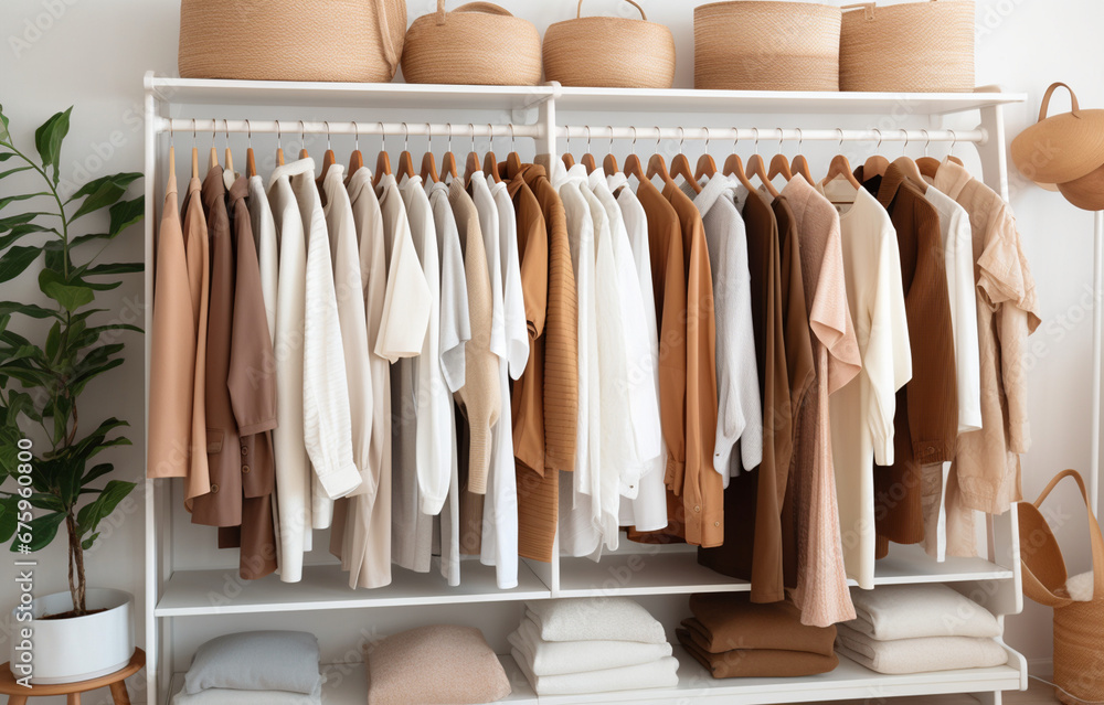 white, beige and brown clothes lay on shelves and hang on wooden hangers in a large white wooden closet