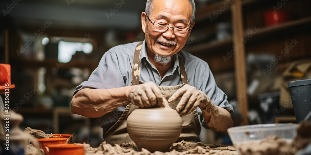 Masterful Pottery Creation by Elderly Chinese Man in Studio Masterful Pottery Creation by Elderly Chinese Man in Studio