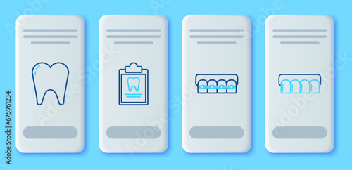 Set line Clipboard with dental card, Teeth braces, Tooth and Dentures model icon. Vector