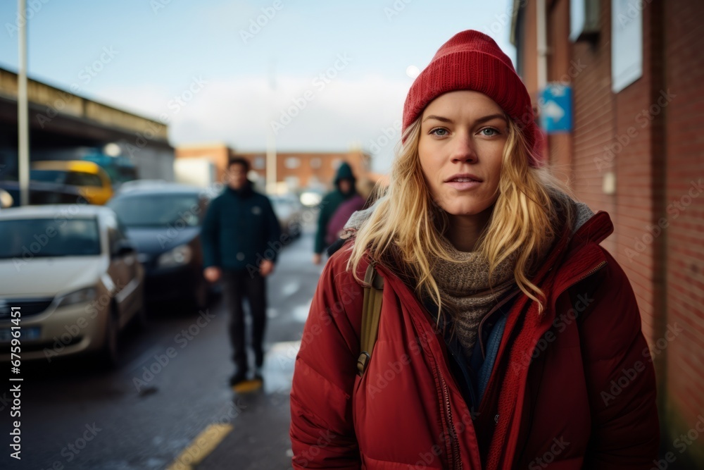 Portrait of a young woman in a red jacket on the street Portrait of a young woman in a red jacket on the street