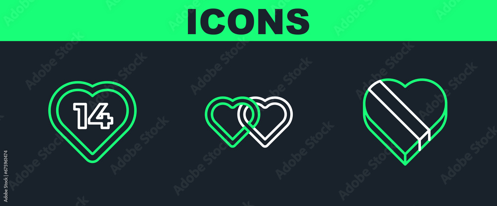 Set line Candy in heart shaped box, Heart and Two Linked Hearts icon. Vector Set line Candy in heart shaped box, Heart and Two Linked Hearts icon. Vector