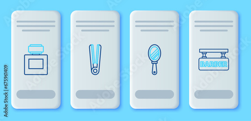 Set line Curling iron for hair, Hand mirror, Aftershave and Barbershop icon. Vector