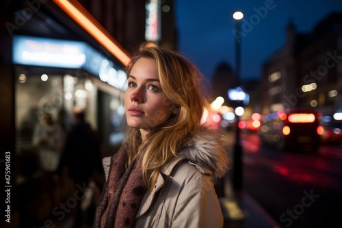 Portrait of a beautiful young woman walking in the city at night