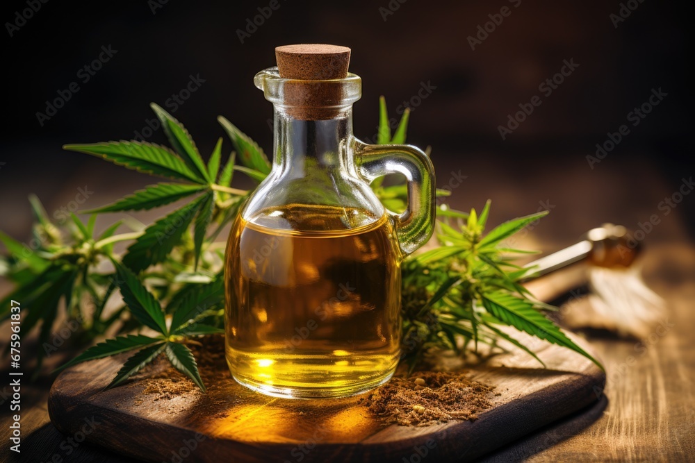 bottles with cbd oils and green plant bottles with cbd oils and green plant