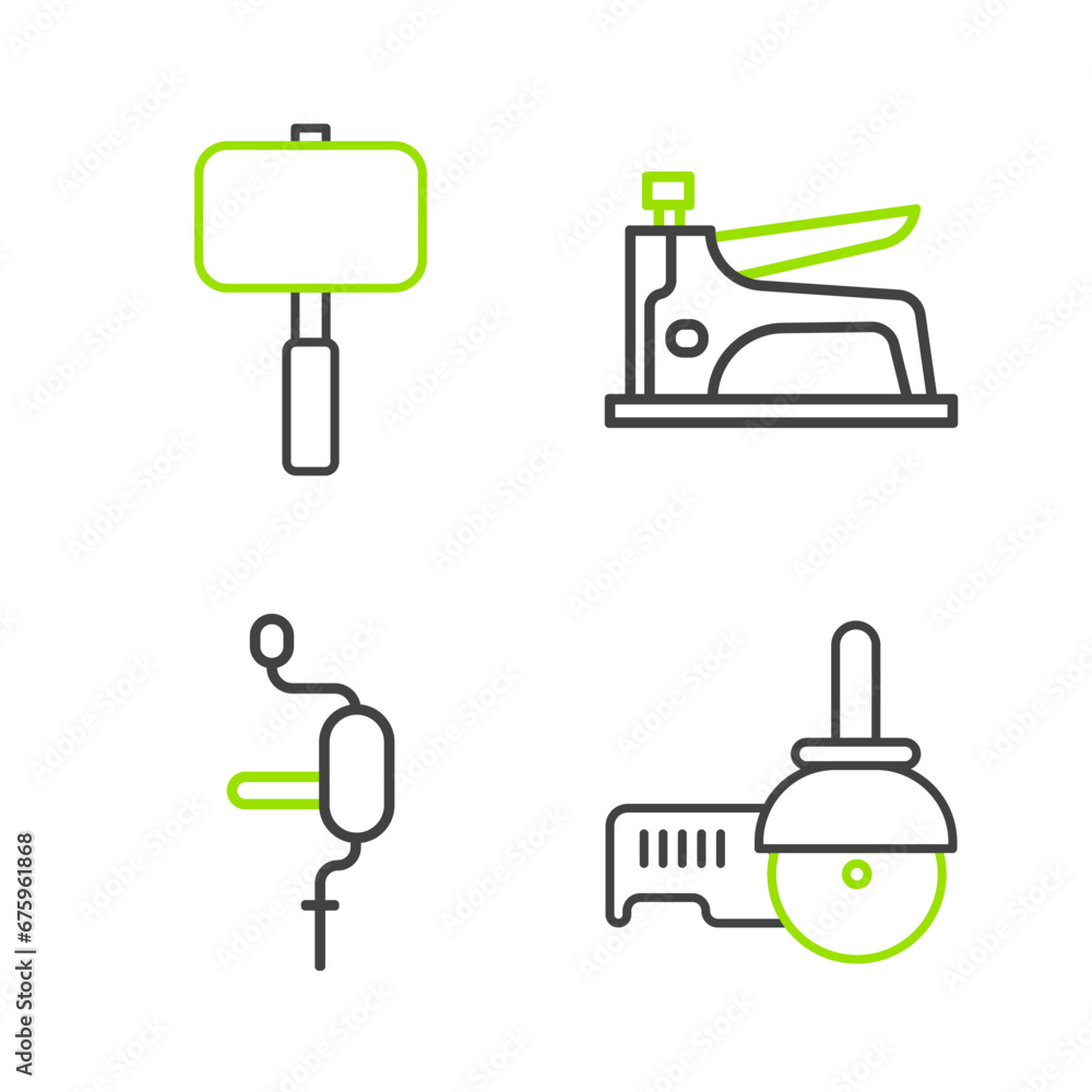 Set line Angle grinder, Hand drill, Construction stapler and Sledgehammer icon. Vector