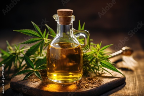 bottles with cbd oils and green plant 