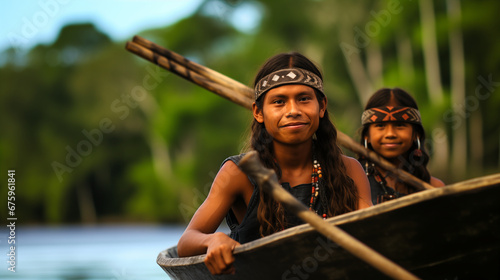 Local Quechua tribe teenagers in the Ecuadorian Amazon on a canoe on the river Napo
 photo