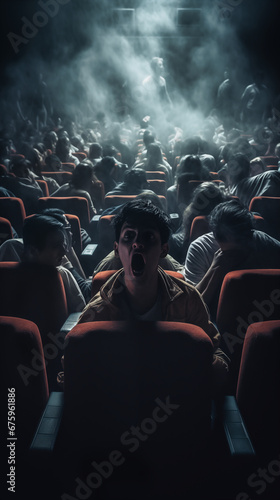 Large movie theater with seats full of people. In the middle a scared man watching a horror movie.