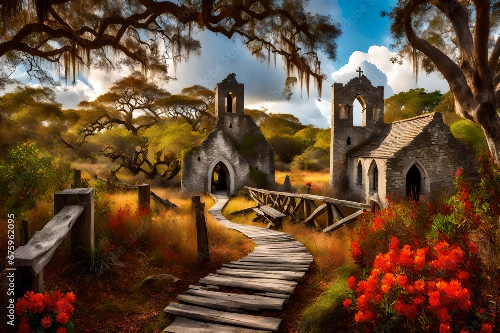 Irish landscape, fantasy, old church and bridge ruins. Pathway through live oak hammock trail, forest - Long Key Natural Area, Davie, Florida, USA Autumn outdoor dinner table setting with red flowers,