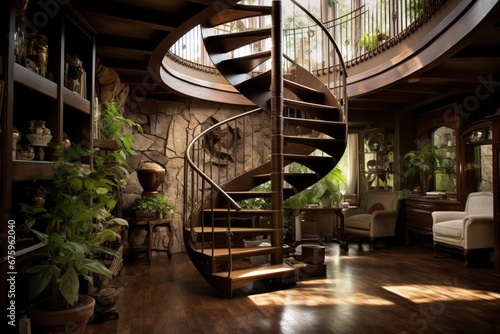 design a room with a spiral staircase and featuring with a custo photo