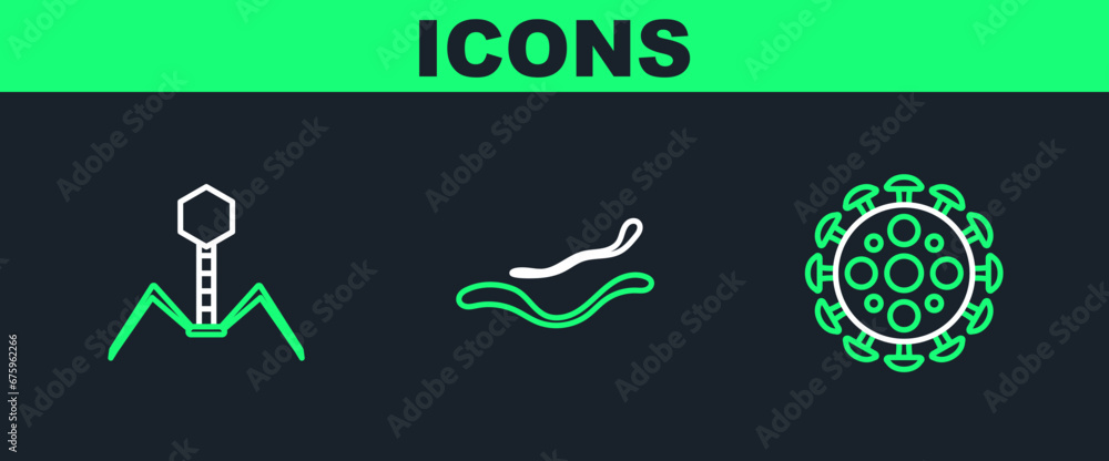 Set line Virus, Bacteria bacteriophage and Ebola virus disease icon. Vector Set line Virus, Bacteria bacteriophage and Ebola virus disease icon. Vector