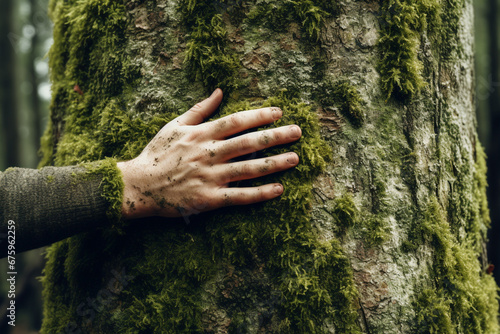 Close up detail of a woman’s hand touches rough tree trunk covered by green moss in the deep of the forest. Touch and feel nature. Generative AI. © Surachetsh