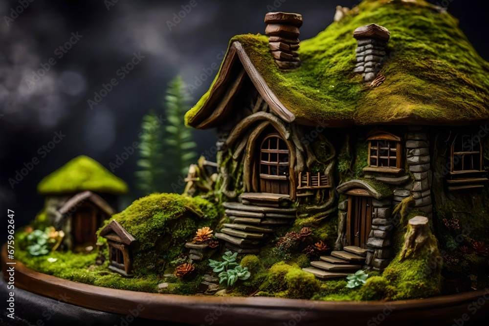 Miniature fairy house, moss, resin decor, miniature model making