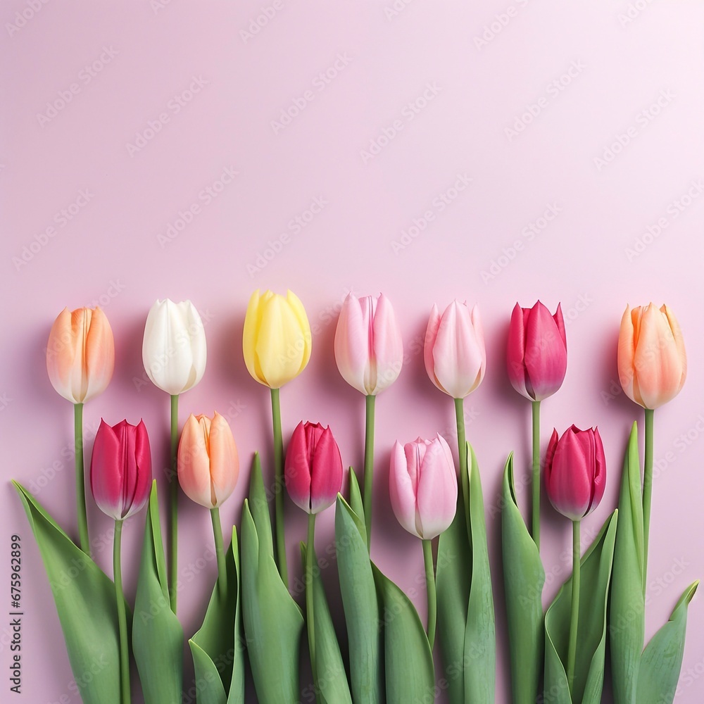 Bouquet of tulips on a pink background. Generative AI Bouquet of tulips on a pink background. Generative AI
