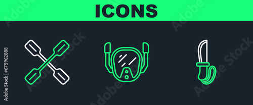 Set line Knife, Paddle and Diving mask icon. Vector