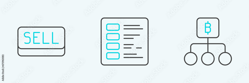 Set line Blockchain technology Bitcoin, Sell button and Business finance report icon. Vector Set line Blockchain technology Bitcoin, Sell button and Business finance report icon. Vector