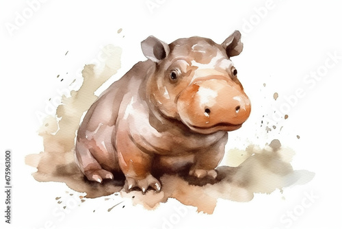 watercolor painting illustration of cute little hippo isolated on a white background , generative AI