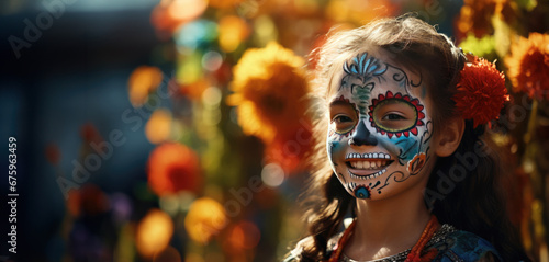 A joyful child honoring the Day of the Dead with face paint of a skull. Generative Ai.