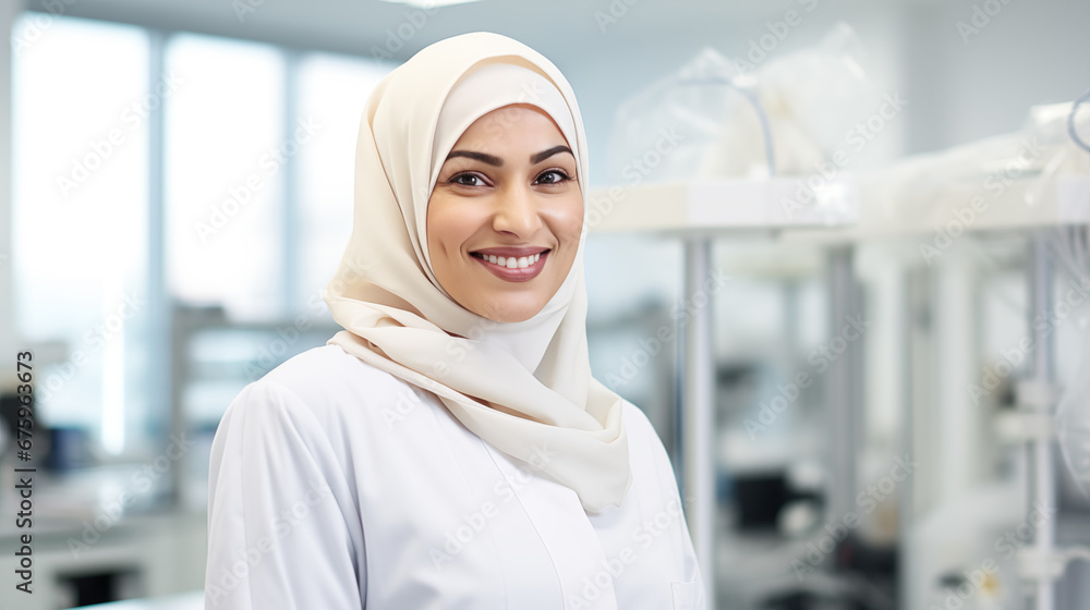 portrait of Muslim female in hijab working in the laboratory as a scientist, smiling portrait of Muslim female in hijab working in the laboratory as a scientist, smiling