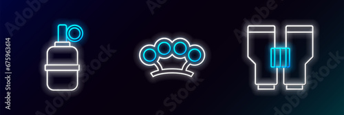 Set line Binoculars, Hand grenade and Brass knuckles icon. Glowing neon. Vector