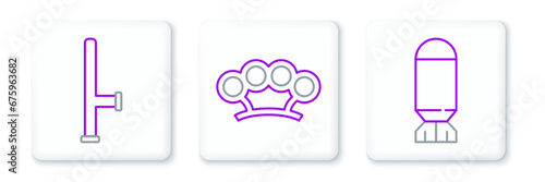 Set line Aviation bomb, Police rubber baton and Brass knuckles icon. Vector