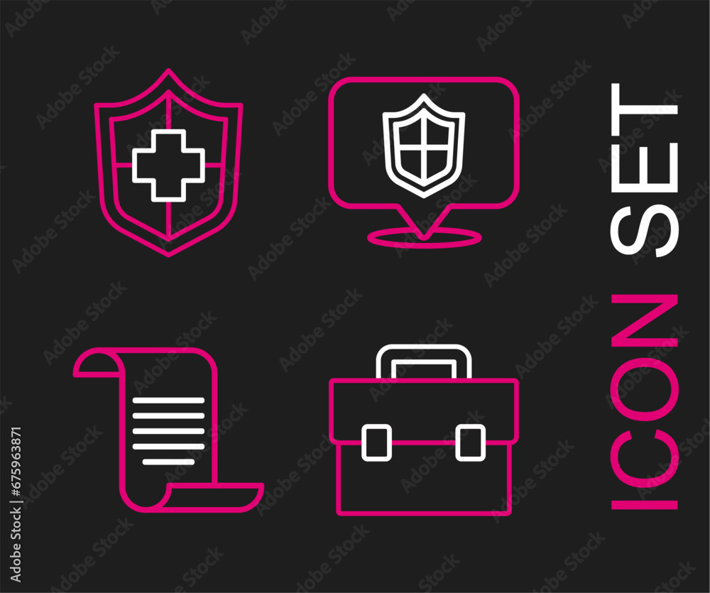 Set line Briefcase, Document with shield, Location and Life insurance icon. Vector Set line Briefcase, Document with shield, Location and Life insurance icon. Vector