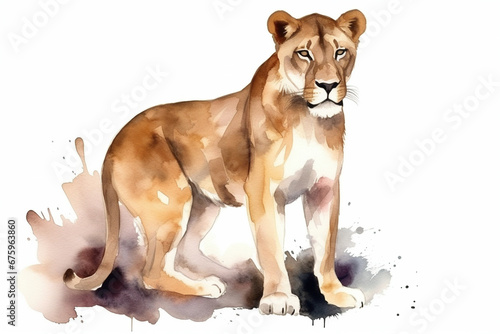 watercolor painting illustration of Majestic and proud lioness on a white background , generative AI