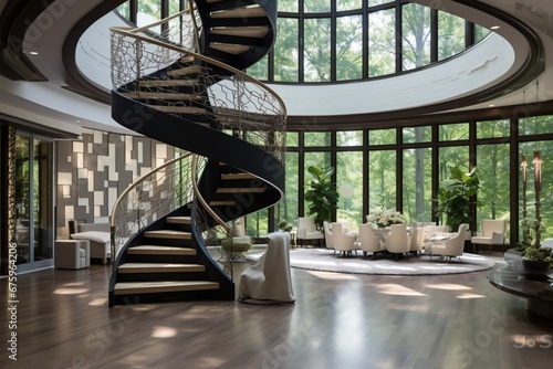 design a room with a spiral staircase and featuring with a custo