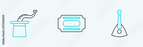 Set line Balalaika, Magician hat and Circus ticket icon. Vector