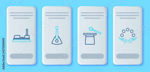 Set line Balalaika, Magic hat and wand, Bumper car and Juggling ball icon. Vector